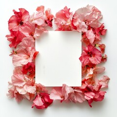 Obraz premium Floral arrangement featuring pink and red flowers around a blank space for creative use