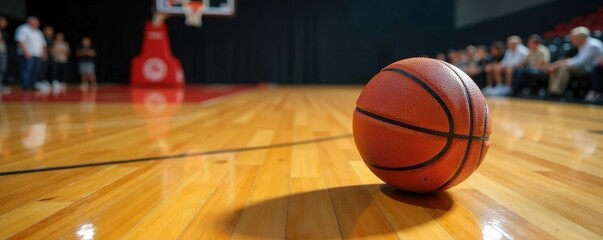 Naklejka premium Hardwood maple basketball on polished wood floor, game, court, athletic