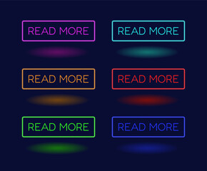 Modern neon CTA button set, "Read more" texts, 3D effect, web UI element for landing pages, mobile apps or banners.