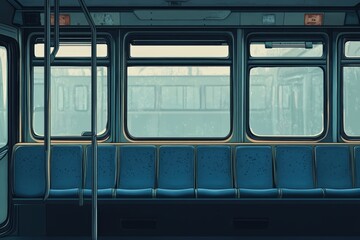 Empty bus interior with blue seats and foggy windows