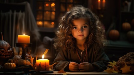Realistisches Foto einer deutschen Halloween-Nacht mit beleuchteten Fenstern, herbstlicher Dekoration und verkleideten Kindern