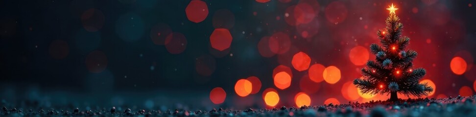 Naklejka premium Ornate dark Christmas tree banner, glowing bokeh, elegant design , holiday banner, christmas tree