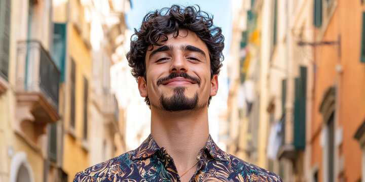 Portrait of young smiling man with goatee beard in city center, fashion, concept of personal grooming