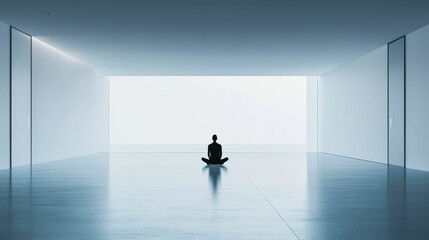 Obraz premium Silhouette meditates in minimalist, bright room.