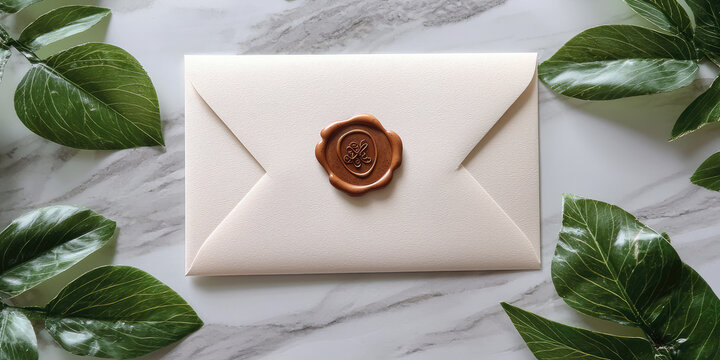 Top view sealed wedding invitation paper envelope with vintage wax seal, copy space, leaves   