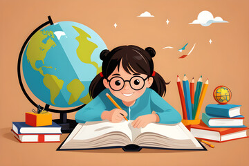 Young student girl taking notes and studying surrounded by books and globe