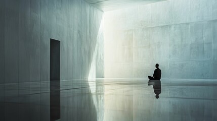 Obraz premium Person meditates in serene, reflective room.