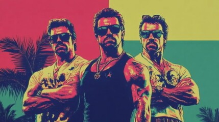 Obraz premium Three muscular men with sunglasses, crossed arms, and tank tops, against a vibrant tropical background.