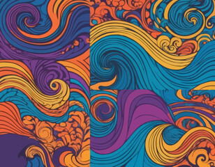 Set of Wavy Seamless Trippy Patterns in Psychedelic Colors. Abstract Vector Swirl Backgrounds. 1970 Aesthetic Textures with Flowing Waves