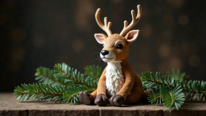 Christmas and New year background with A stuffed deer is sitting on a table with green leaves. The deer has antlers and is looking at the camera. The scene is cozy and inviting, with the deer as the m