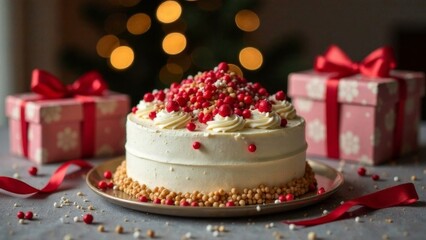 Christmas and New year background with A white cake with red frosting and red sprinkles on top sits on a plate next to a red box