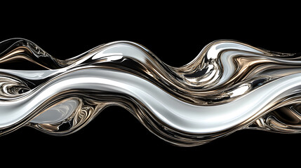 Abstract Metallic Wave Design with Flowing Silver and Bronze Curves on a Black Background, Showcasing Dynamic Fluidity and Luxurious Reflective Textures in a Modern Artistic Composition