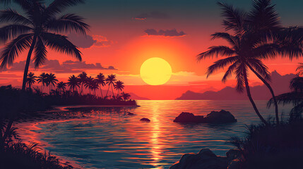 Breathtaking Tropical Sunset Over a Serene Ocean with Silhouettes of Palm Trees Framing the Vibrant Orange and Red Sky, Reflecting on Calm Waters and Distant Mountains