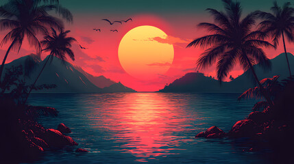 Breathtaking Tropical Sunset Over a Serene Ocean with Silhouettes of Palm Trees Framing the Vibrant Orange and Red Sky, Reflecting on Calm Waters and Distant Mountains