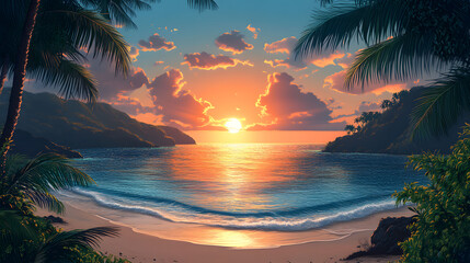 Breathtaking Tropical Sunset on a Secluded Beach with Palm Trees, Calm Ocean Waves, and Vibrant Sky in a Paradise Cove