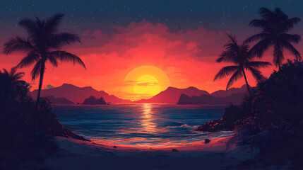 Breathtaking Tropical Sunset Over a Serene Ocean with Silhouettes of Palm Trees Framing the Vibrant Orange and Red Sky, Reflecting on Calm Waters and Distant Mountains