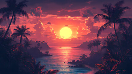 Breathtaking Tropical Sunset Over a Serene Ocean with Silhouettes of Palm Trees Framing the Vibrant Orange and Red Sky, Reflecting on Calm Waters and Distant Mountains