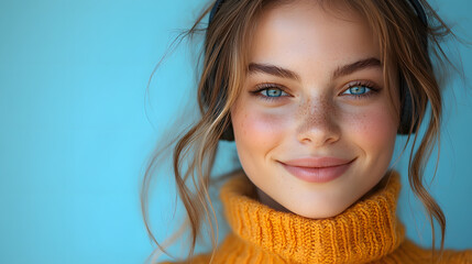Close-Up Portrait of a Young Woman with Bright Blue Eyes, Freckles, and a Warm Smile, Wearing a Cozy Orange Sweater Against a Vibrant Light Blue Background, Radiating Natural Beauty and Joy