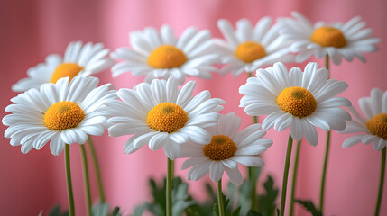 Delicate Close-Up of Fresh White Daisies with Vibrant Yellow Centers Arranged Against a Soft Pink Background, Showcasing Elegance and Natural Beauty