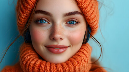Close-Up Portrait of a Young Woman with Bright Blue Eyes, Freckles, and a Warm Smile, Wearing a Cozy Orange Sweater Against a Vibrant Light Blue Background, Radiating Natural Beauty and Joy