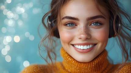 Close-Up Portrait of a Young Woman with Bright Blue Eyes, Freckles, and a Warm Smile, Wearing a Cozy Orange Sweater Against a Vibrant Light Blue Background, Radiating Natural Beauty and Joy