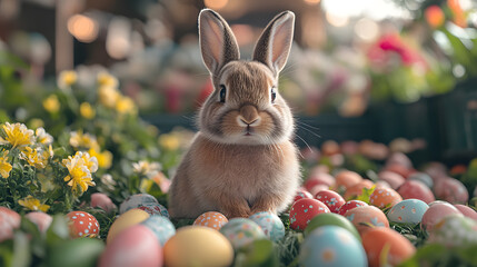 Adorable Brown Bunny Sitting Among Brightly Colored Easter Eggs in a Lush Green Grass Setting with a Soft Focus Background, Celebrating Spring and Festive Traditions
