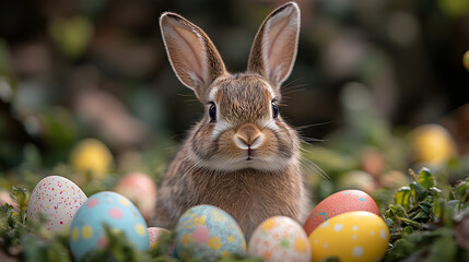 Adorable Brown Bunny Sitting Among Brightly Colored Easter Eggs in a Lush Green Grass Setting with a Soft Focus Background, Celebrating Spring and Festive Traditions