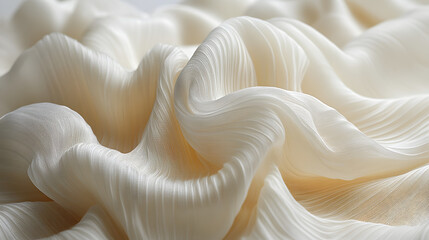 Close-Up of White Flowing Fabric with Pleated Texture Creating a Soft and Elegant Look