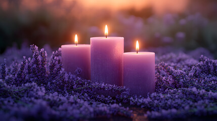 Tranquil Scene of Three Glowing Orange Candles Surrounded by Fresh Lavender Blossoms on a Dark Moody Background, Radiating Warmth and Serenity in a Relaxing Aromatherapy Setting