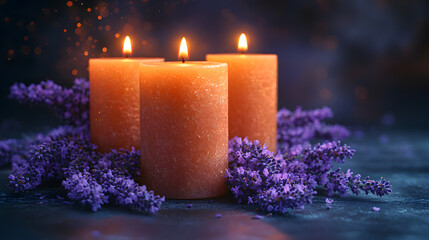 Tranquil Scene of Three Glowing Orange Candles Surrounded by Fresh Lavender Blossoms on a Dark Moody Background, Radiating Warmth and Serenity in a Relaxing Aromatherapy Setting