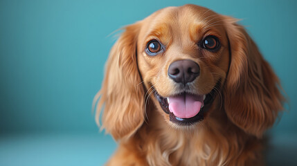 Adorable Close-Up of a Happy Golden Cavalier King Charles Spaniel with Long Floppy Ears and Bright Expressions Against a Cheerful Light Blue Background