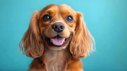 Adorable Close-Up of a Happy Golden Cavalier King Charles Spaniel with Long Floppy Ears and Bright Expressions Against a Cheerful Light Blue Background
