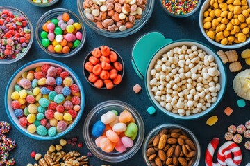 Assorted colorful candies and nuts on dark background