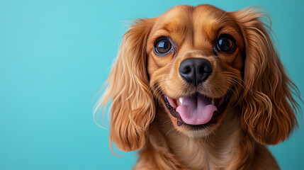 Adorable Close-Up of a Happy Golden Cavalier King Charles Spaniel with Long Floppy Ears and Bright Expressions Against a Cheerful Light Blue Background