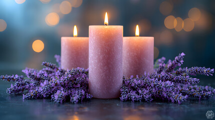 Tranquil Scene of Three Glowing Orange Candles Surrounded by Fresh Lavender Blossoms on a Dark Moody Background, Radiating Warmth and Serenity in a Relaxing Aromatherapy Setting