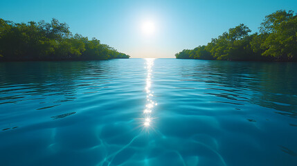 Tranquil Ocean View with Sparkling Sunlight Reflection on Clear Turquoise Waters, Capturing the Serenity and Beauty of an Endless Horizon on a Calm Day