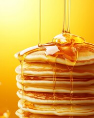 A close-up shot of delectable pancakes adorned with cascading syrup