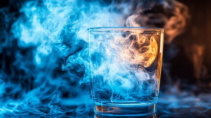Colorful smoke emanates from a glass filled with clear liquid against a dark backdrop