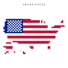 Naklejka premium United States pixel flag map icon. 8 bit pixel art American map covered with flag. Flat vector illustration isolated on white background.
