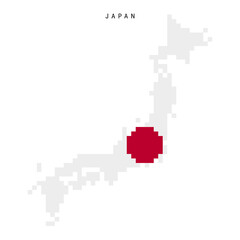 Fototapeta premium Japan pixel flag map icon. 8 bit pixel art Japanese map covered with flag. Flat vector illustration isolated on white background.