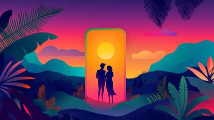 Naklejka premium Couple standing together in a vibrant landscape with sunset and tropical scenery