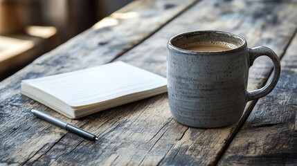 A cozy scene featuring a coffee mug, notepad, and pen on a rustic wooden table.