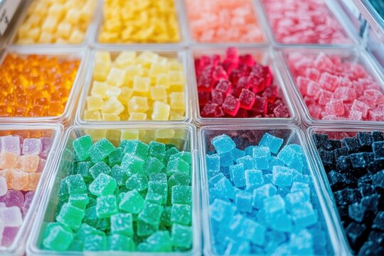 Assorted colorful sugary candy cubes in plastic containers display