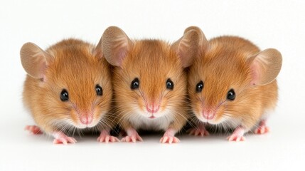 Playful mice trio studio setting animal photography neutral background close-up view cute companions