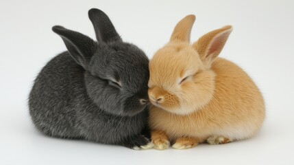 Cuddly rabbits snuggling together indoor setting animal photography soft environment close-up view adorable concept
