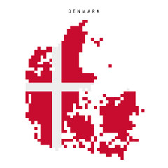 Denmark pixel flag map icon. 8 bit pixel art Danish map covered with flag. Flat vector illustration isolated on white background.