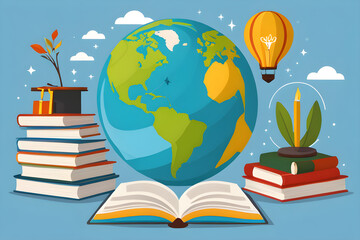 Illustration celebrating the importance of learning with an open book and a world globe
