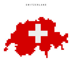 Switzerland pixel flag map icon. 8 bit pixel art Swiss map covered with flag. Flat vector illustration isolated on white background.