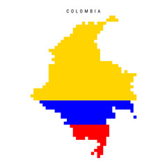 Obraz premium Colombia pixel flag map icon. 8 bit pixel art Colombian map covered with flag. Flat vector illustration isolated on white background.