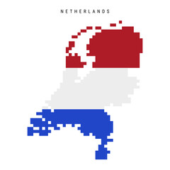 Fototapeta premium Netherlands pixel flag map icon. 8 bit pixel art Holland map covered with flag. Flat vector illustration isolated on white background.